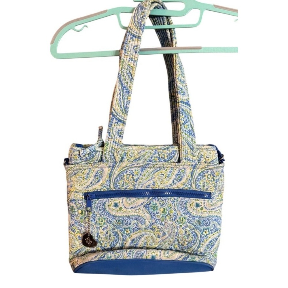 DSQ Donna Sharp Quilted Paisley Tote Bag Blue Green Shoulder Bag Heart Charm